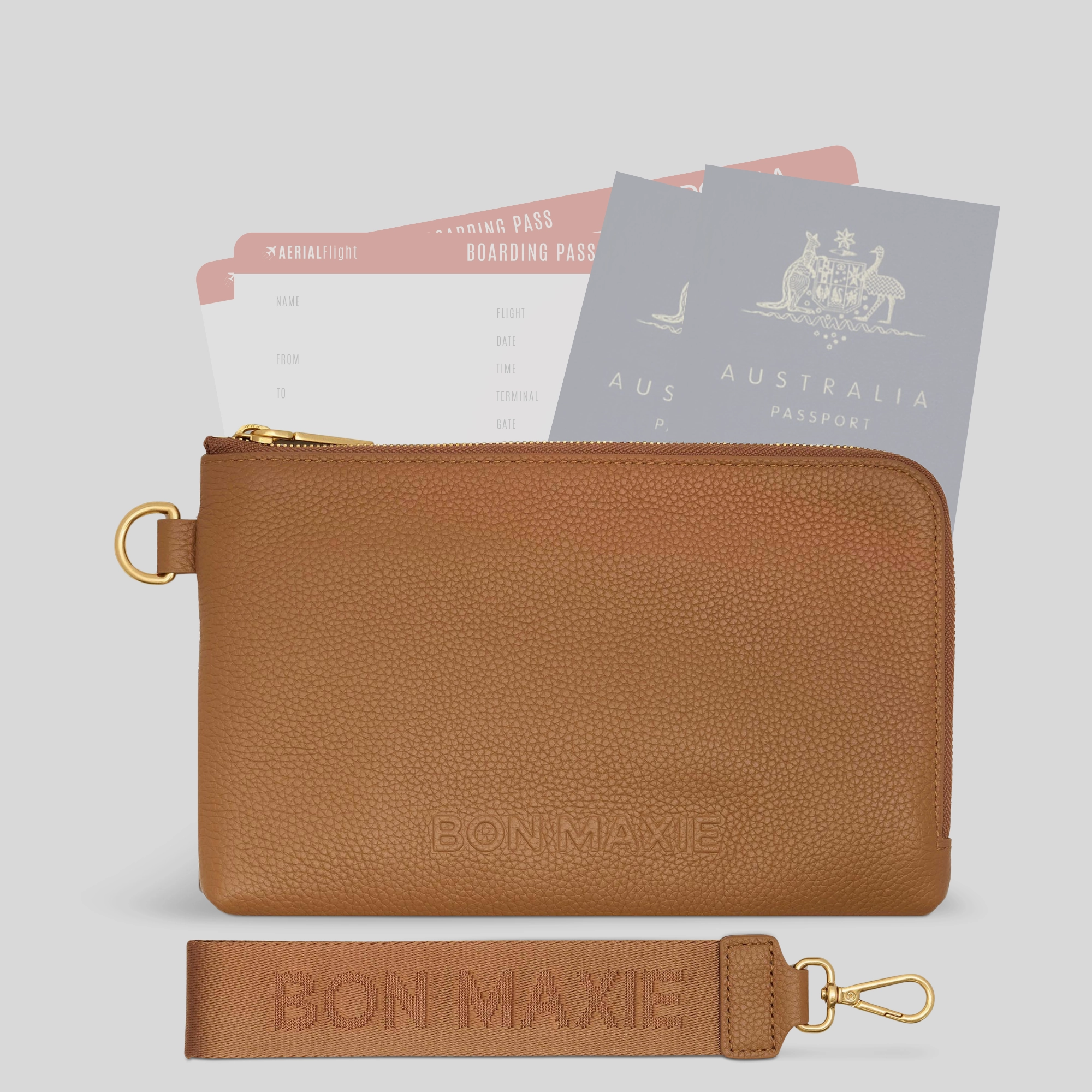 Sleek Organizer Timeless Function Multi-Pocket Travel Wallet in full-grain pebbled leather -- Tan