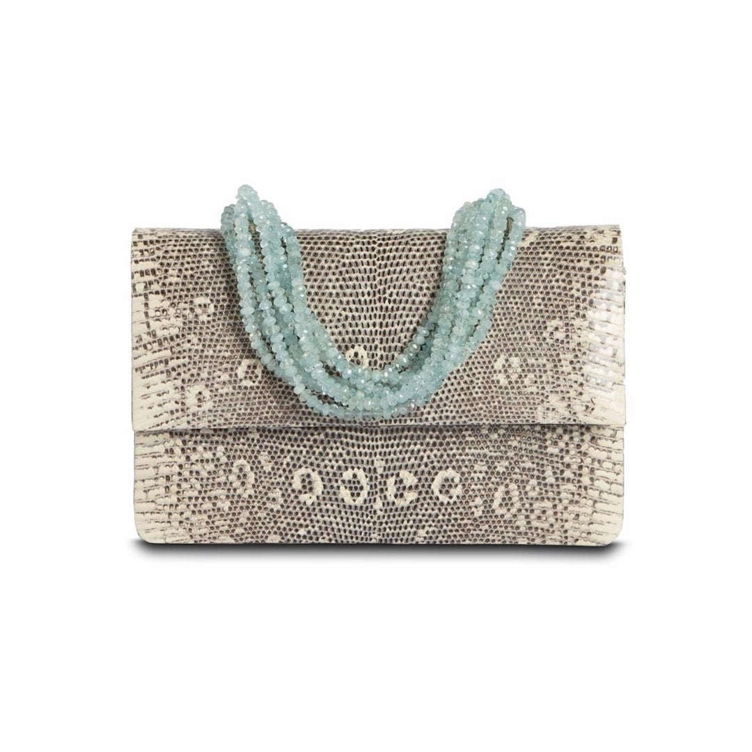 Minimal Utility Necklace Handbag - Black and White Ring Lizard, Aquamarine Handle