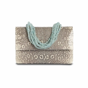 Minimal Utility Necklace Handbag - Black and White Ring Lizard, Aquamarine Handle