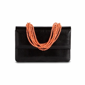 Durable Performance Necklace Handbag - Black Exotic Lizard, Coral Handle
