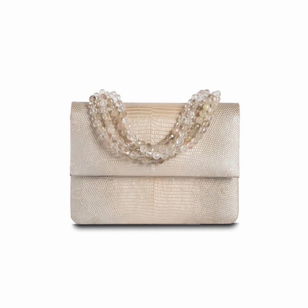 Casual Style Versatile Storage Necklace Handbag, Mini - Champagne Metallic Lizard, Rutilated Quartz Handle