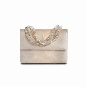 Casual Style Versatile Storage Necklace Handbag, Mini - Champagne Metallic Lizard, Rutilated Quartz Handle