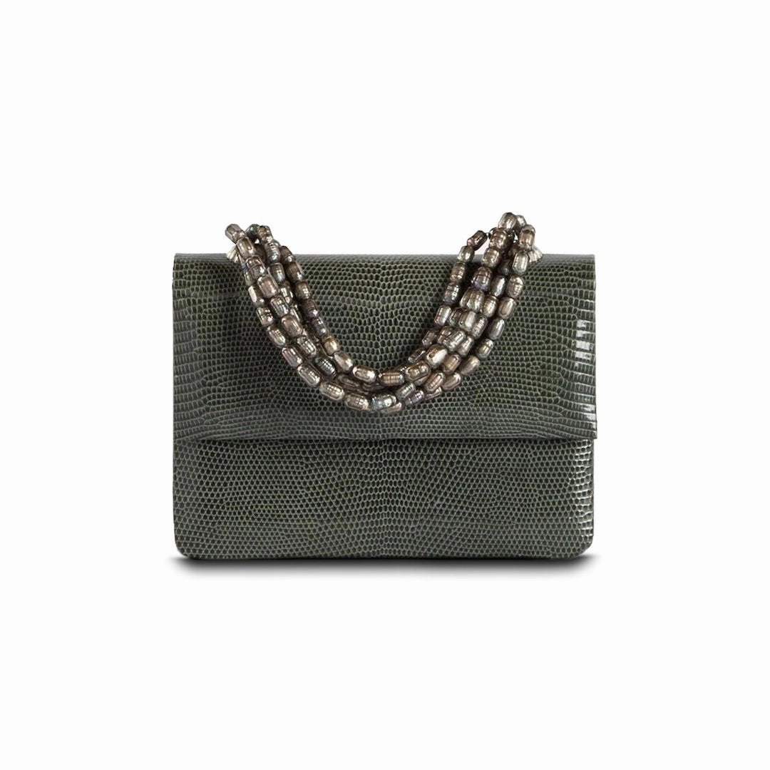 Necklace Handbag, Mini - Slate Grey Lizard, Mother of Pearl Handle Travel Organizer