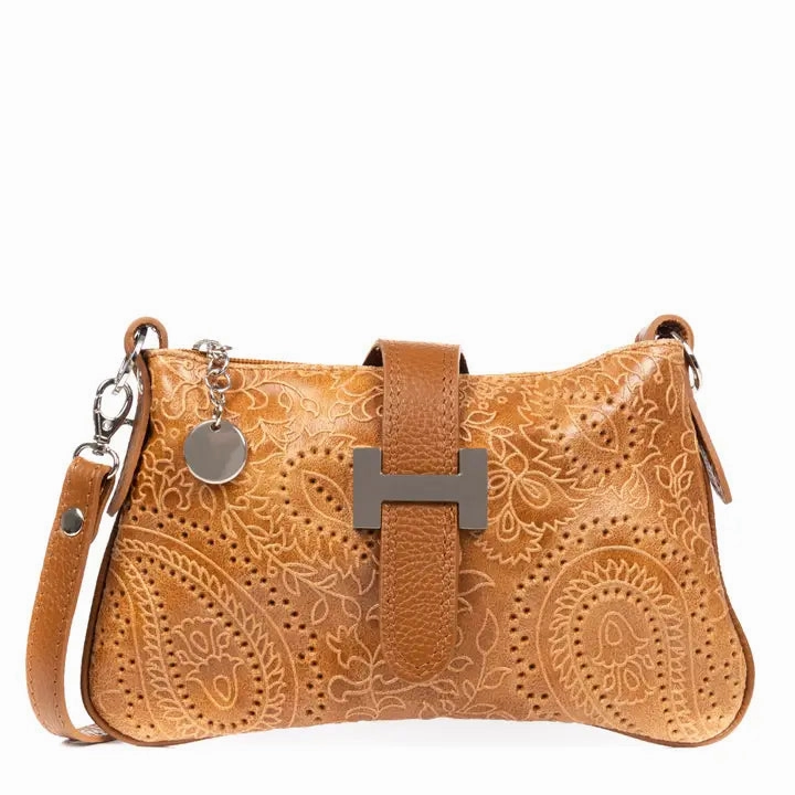 Italian Leather Arabesque Suede Tan/Brown Handbag Compact Durability Urban Functionality