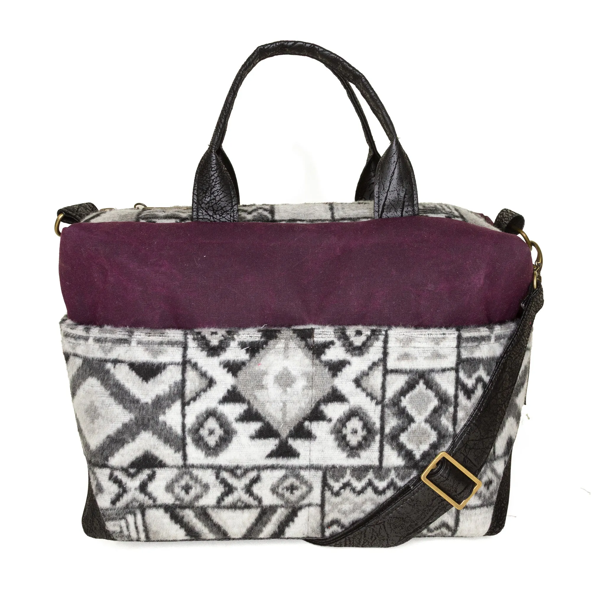 Chic Travel Poppi Premier Purse: Special Edition Eggplant Waxed Canvas/Black and White Wool