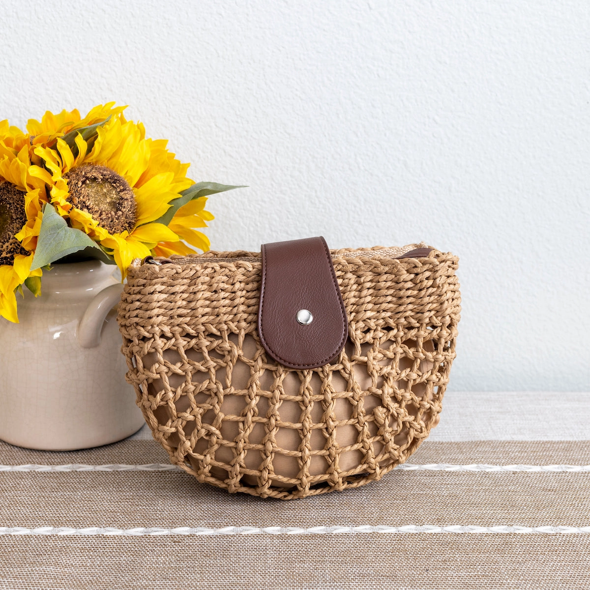 Secure Closure Elena Handbags Summer Straw Half Moon Shoulder Bag