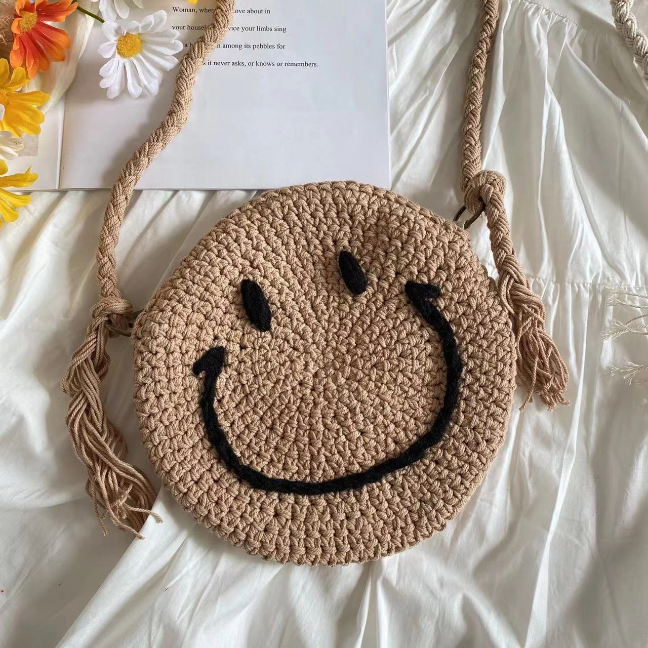 Outdoor Lifestyle Modern Organizer Elena Handbags Crochet Smiley Face Round Bag