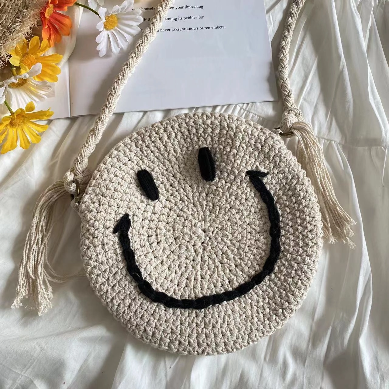 Elena Handbags Crochet Smiley Face Round Bag Casual Carry Stylish Function