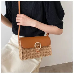 Casual Function Durable Design Elena Handbags Straw Woven Box Bag with Leather Flap