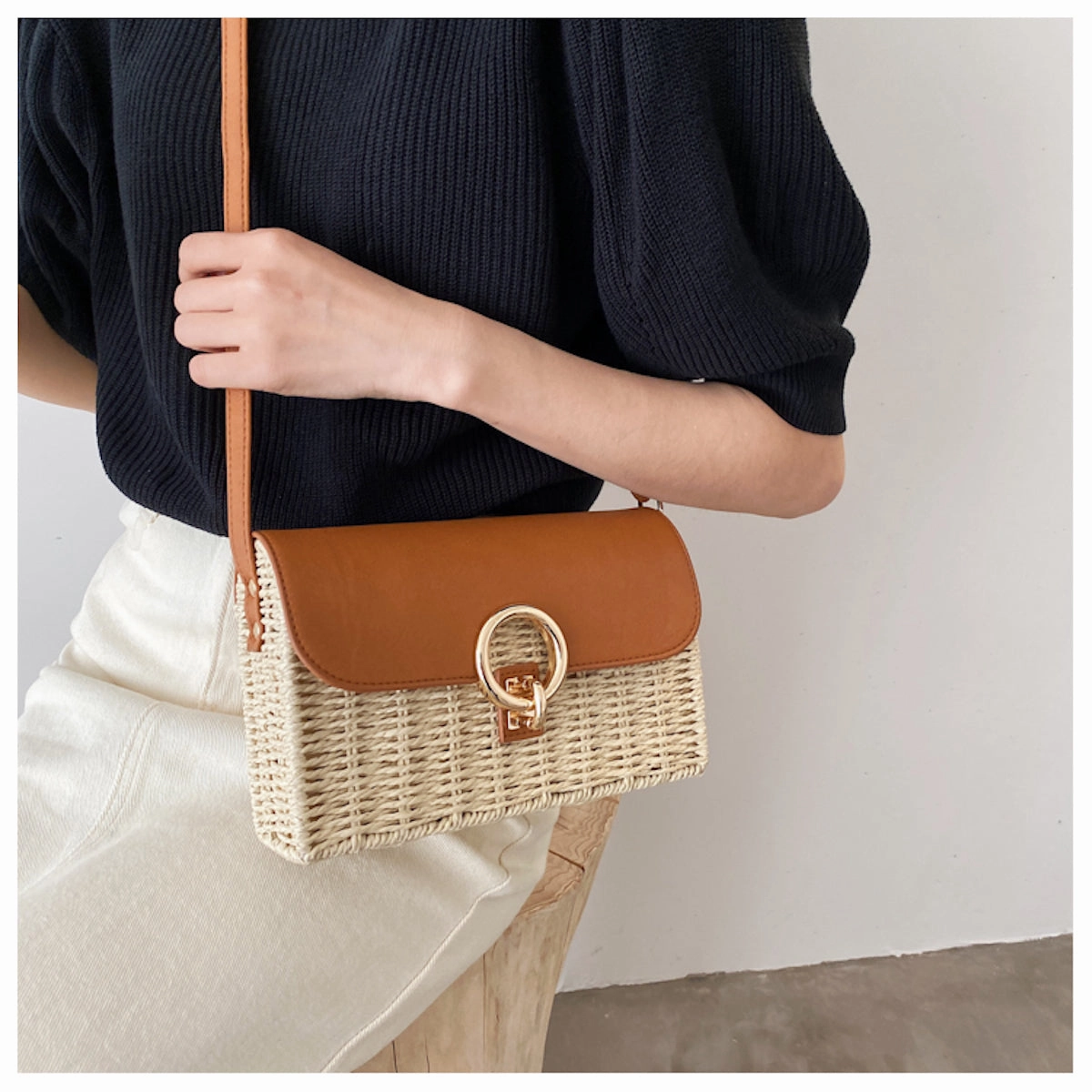 Durable Performance Elena Handbags Straw Woven Box Bag with Leather Flap