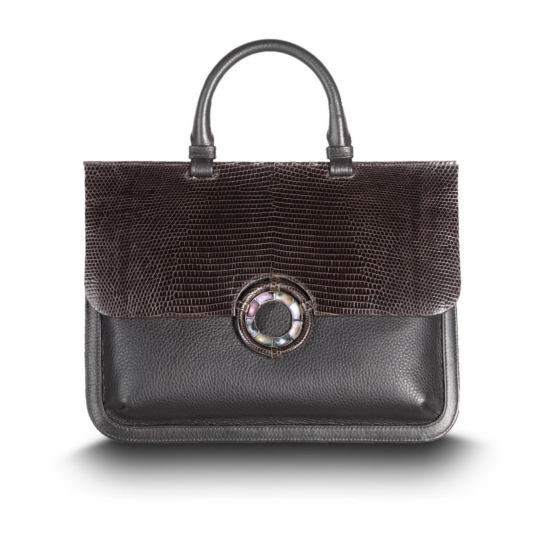 Casual Style Sydney Convertible Satchel - Dark Brown Lizard & Leather, Jasper Grommet