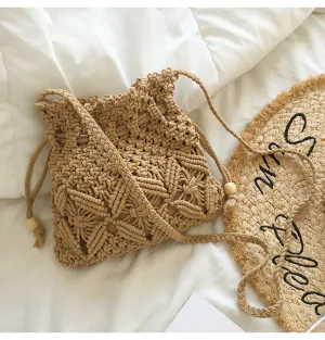 Elena Handbags Retro Cotton Macrame Shoulder Drawstring Bag Compact Utility