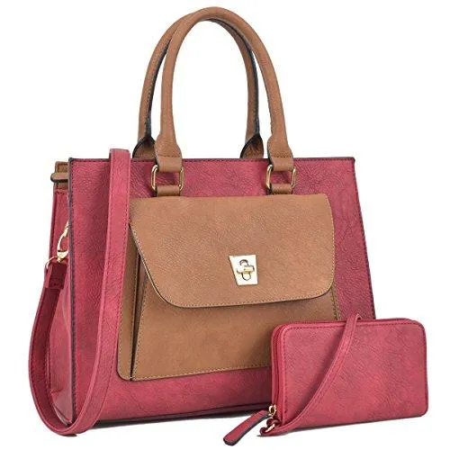 Women Leather Tote Satchel Handbags Colorblock Briefcases with Matching Purses Elegant Style Smart Casualwear