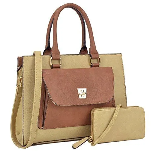 Women Leather Tote Satchel Handbags Colorblock Briefcases with Matching Purses Daily Classic