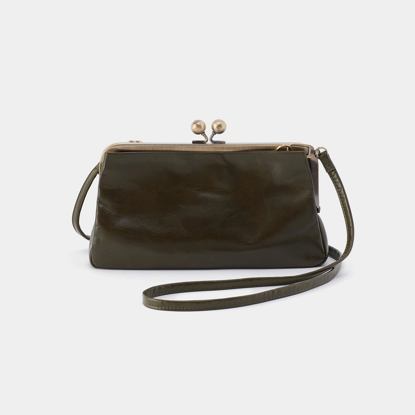 On The Go Practical Travel Lauren Frame Crossbody In Polished Leather - Deep Moss Ergonomic Design
