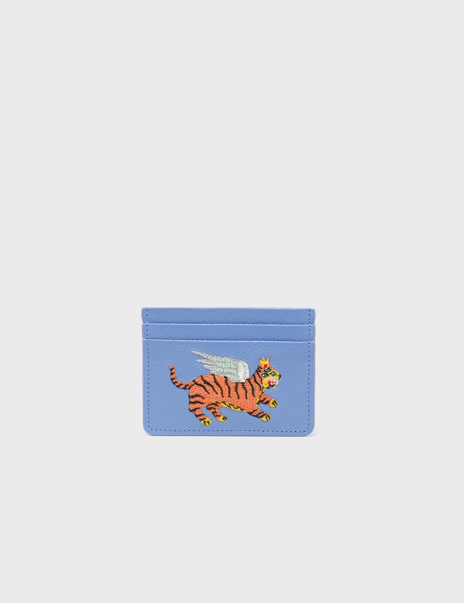 Secure Pocket Adventure Ready Filium Vista Blue Leather Cardholder - Winged Tiger Embroidery