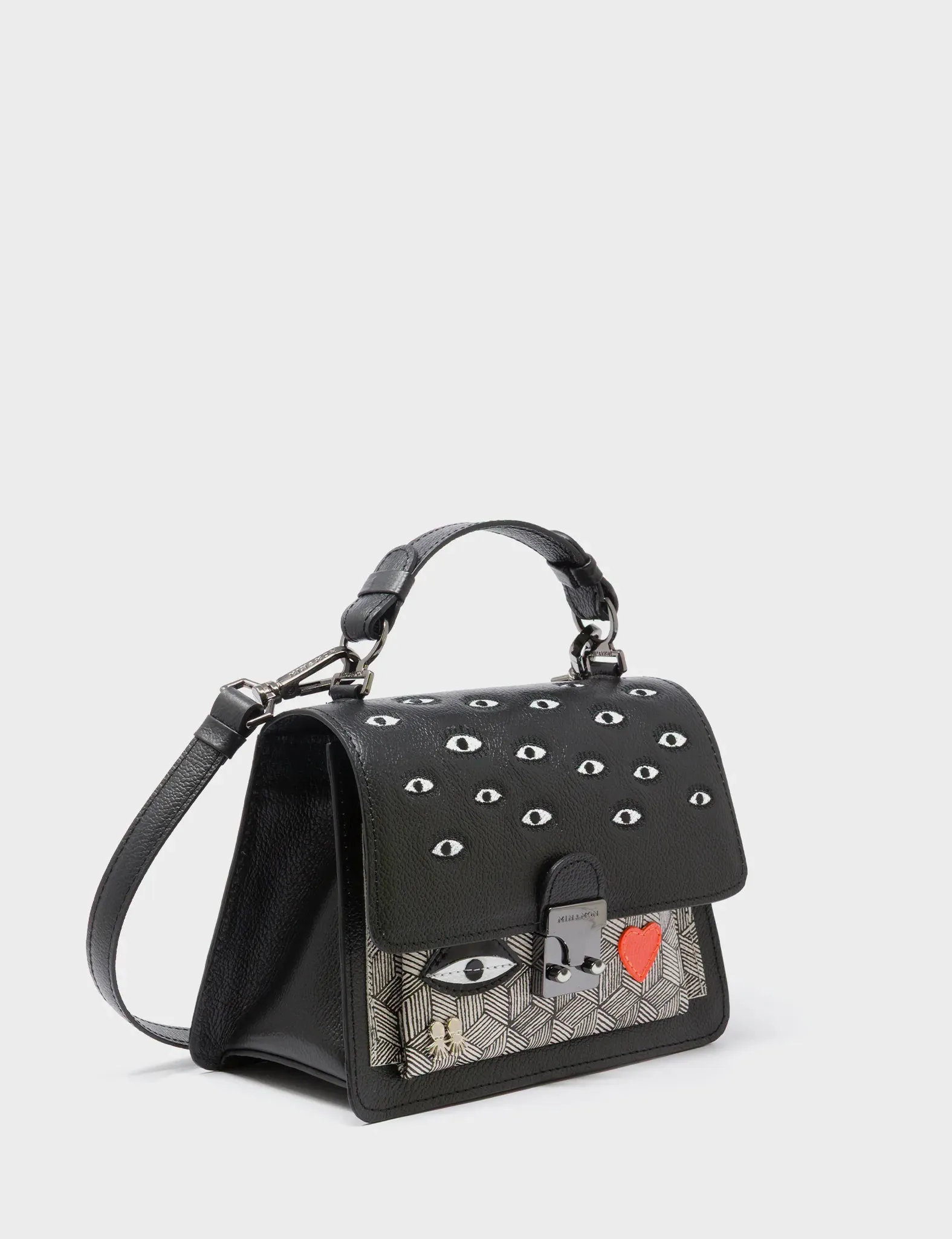 Silas Black Small Leather Crossbody Bag - All Over Eyes Embroidery Compact Everyday Carry