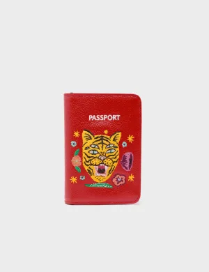 Sport Adventure Urban Lifestyle Frida Jester Red Leather Passport Cover - Happy Tiger Embroidery