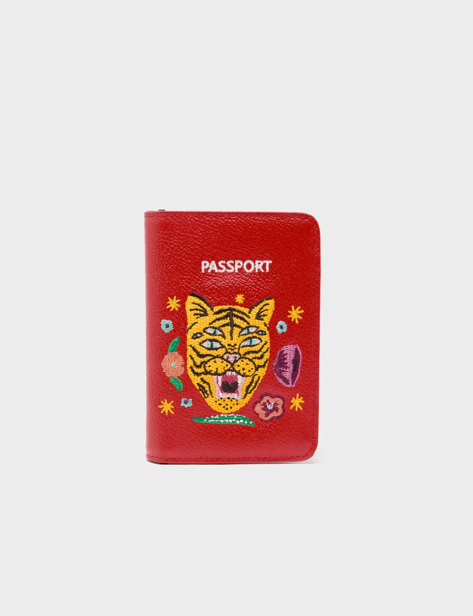 Sport Fashion Outdoor Lifestyle Flexible Wear Frida Jester Red Leather Passport Cover - Happy Tiger Embroidery