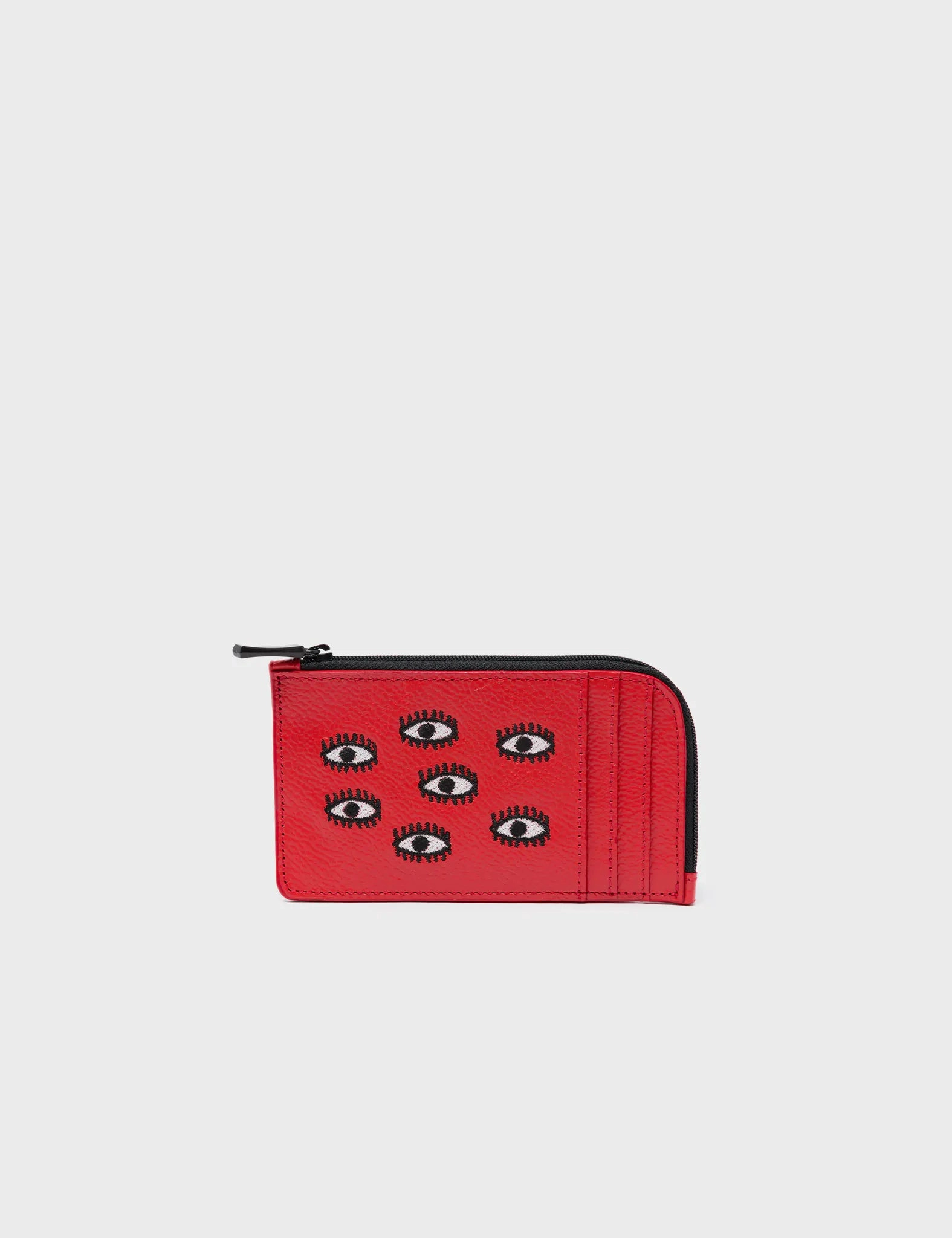 Simple Elegance Fausto Poppy Red Leather Zip-around Cardholder - All Over Eyes Embroidery Compact Carryall Elegant Innovation