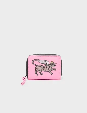 Practical Design Daily Utility Frodo Soft Neon Pink Leather Zip Around Wallet - Winged Tiger Embroidery