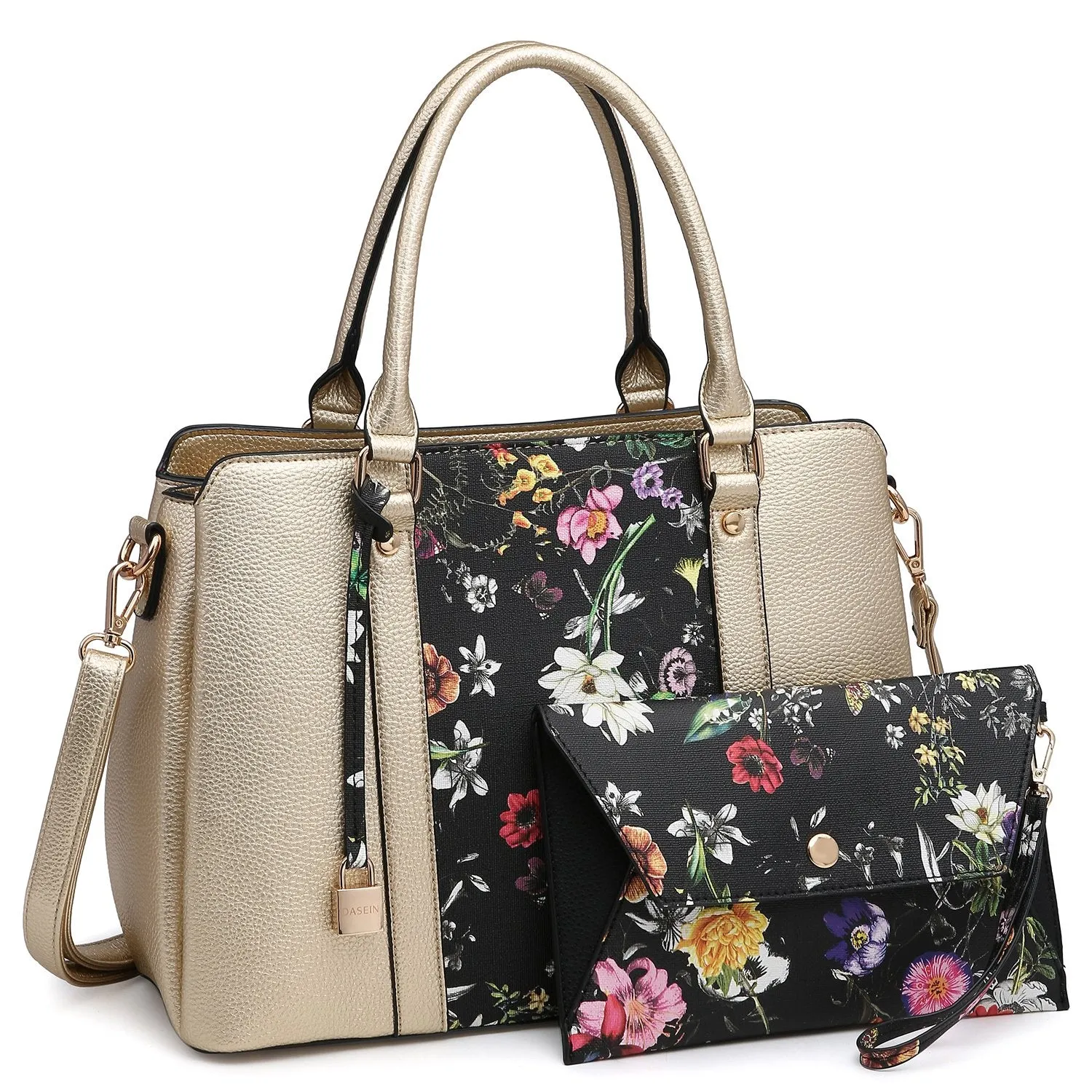 Two-Tone Padlock Satchel with Matching Wristlet Daily Aesthetic Comfortable Design