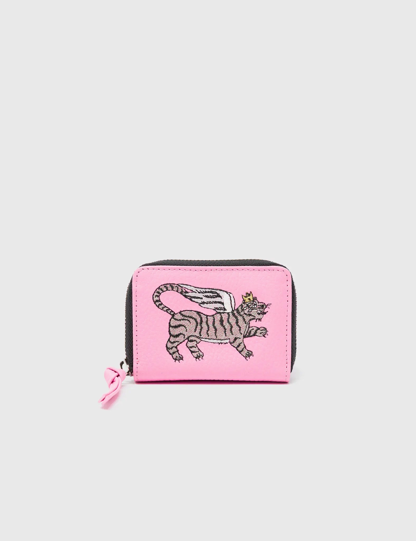 Practical Design Daily Utility Frodo Soft Neon Pink Leather Zip Around Wallet - Winged Tiger Embroidery