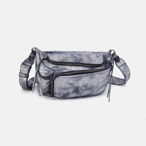 Casual Functionality Comfort Utility Via Belt Bag Sling In Metallic Leather - Blue Pewter