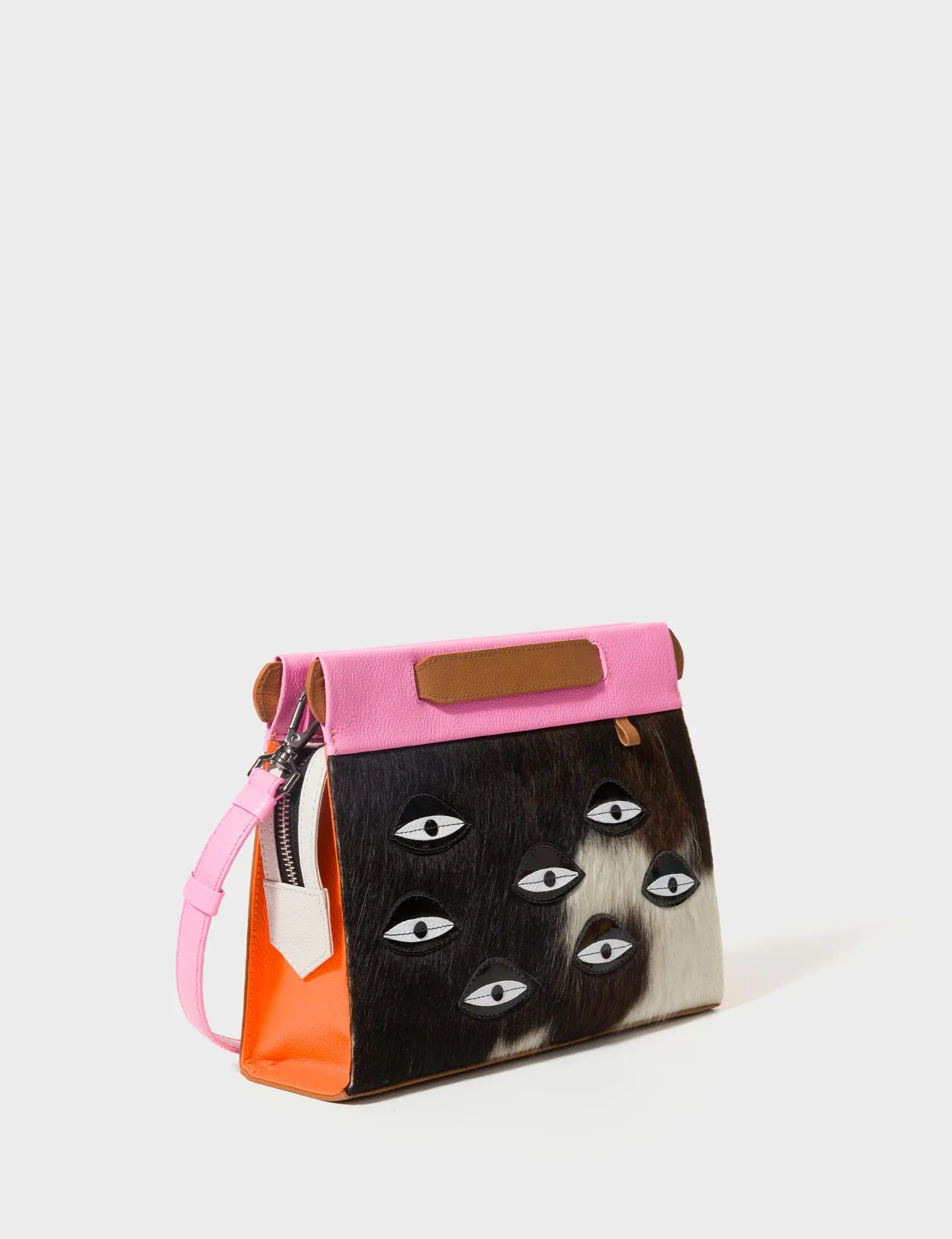 Practical Compact Design Compact Urban Design Vali Crossbody Small Bubblegum Pink And Neon Orange Leather Bag - Eyes Applique Adjustable Handle