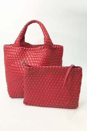 Jayley Red Hand Knitted Leather Tote Bag with Matching Purse Product Code: PBG25A-08 Outdoor Function Compact Organizer