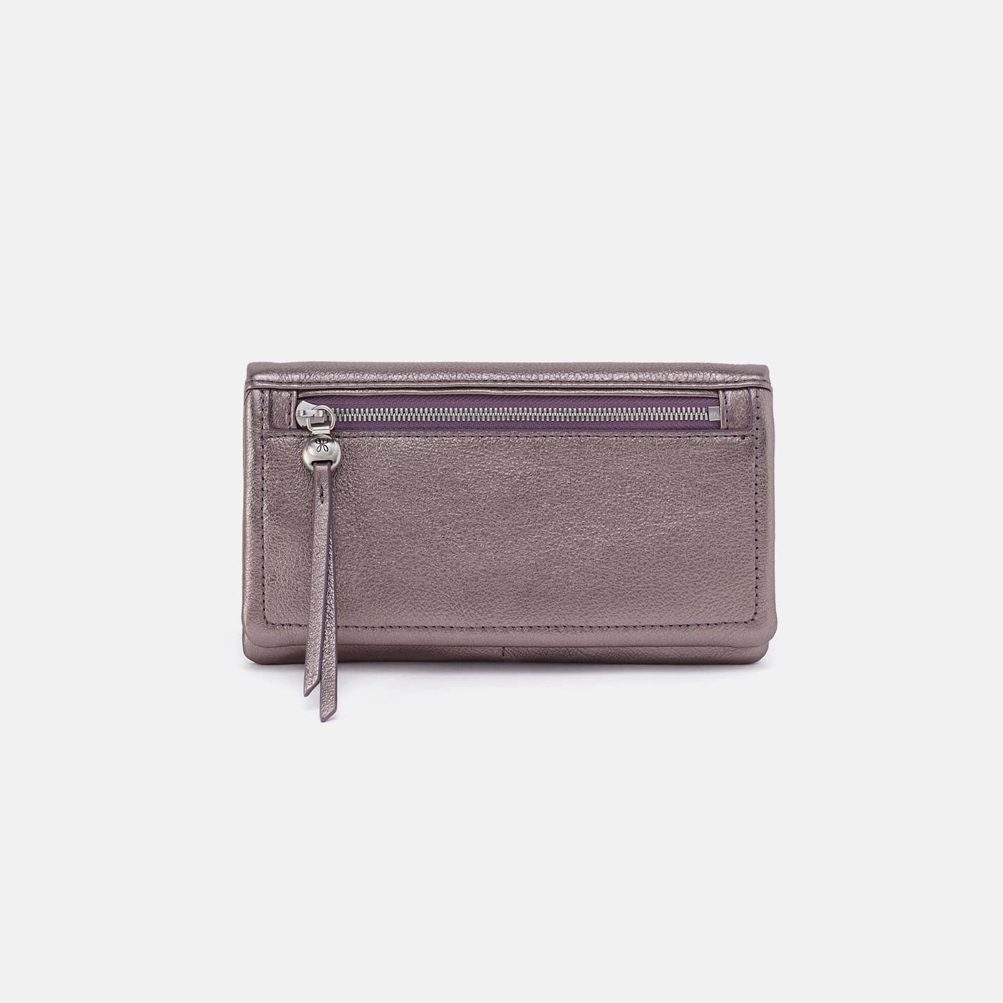 Essential card organizer Elegant Performance Lumen Continental Wallet in Metallic Leather - Pewter Spur