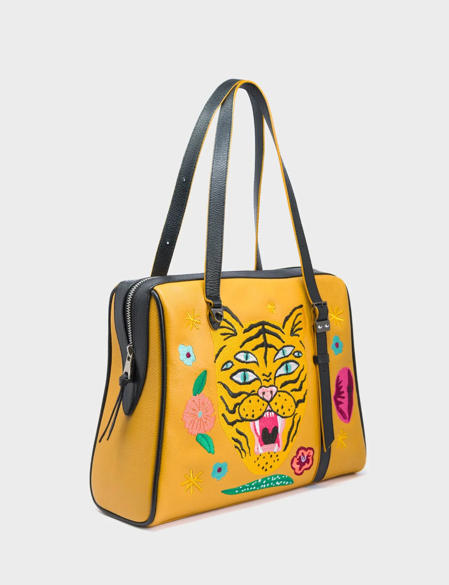 Bold Spirit Sophisticated Weekend Esther Golden Glow Satchel Bag - Tiger and Flowers Embroidery