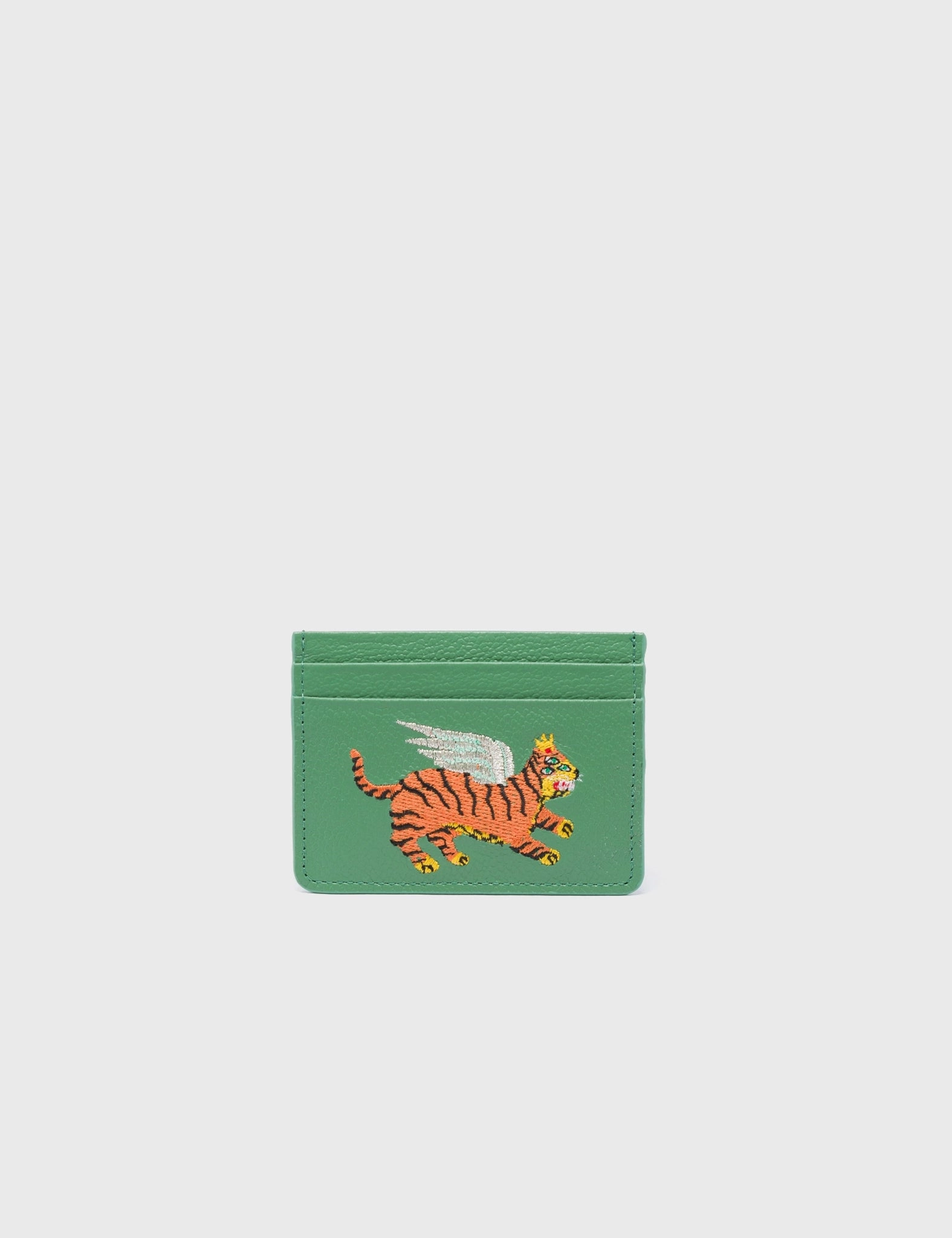 Filium Basil Green Leather Cardholder - Winged Tiger Embroidery Heavy-Duty Construction