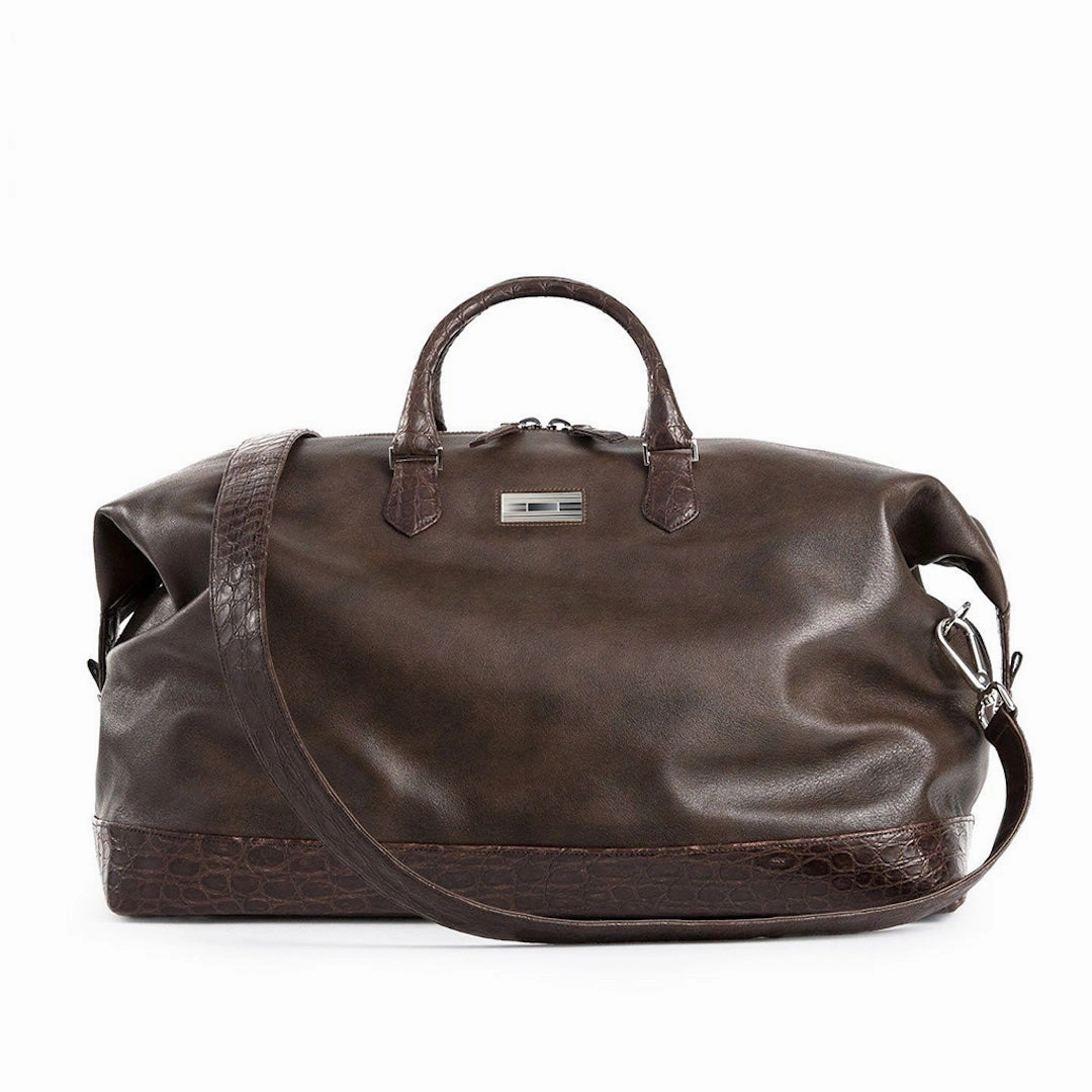 Daily Utility Comfort handle Aspen Travel Duffle Bag, Brown Leather, Croc Trim