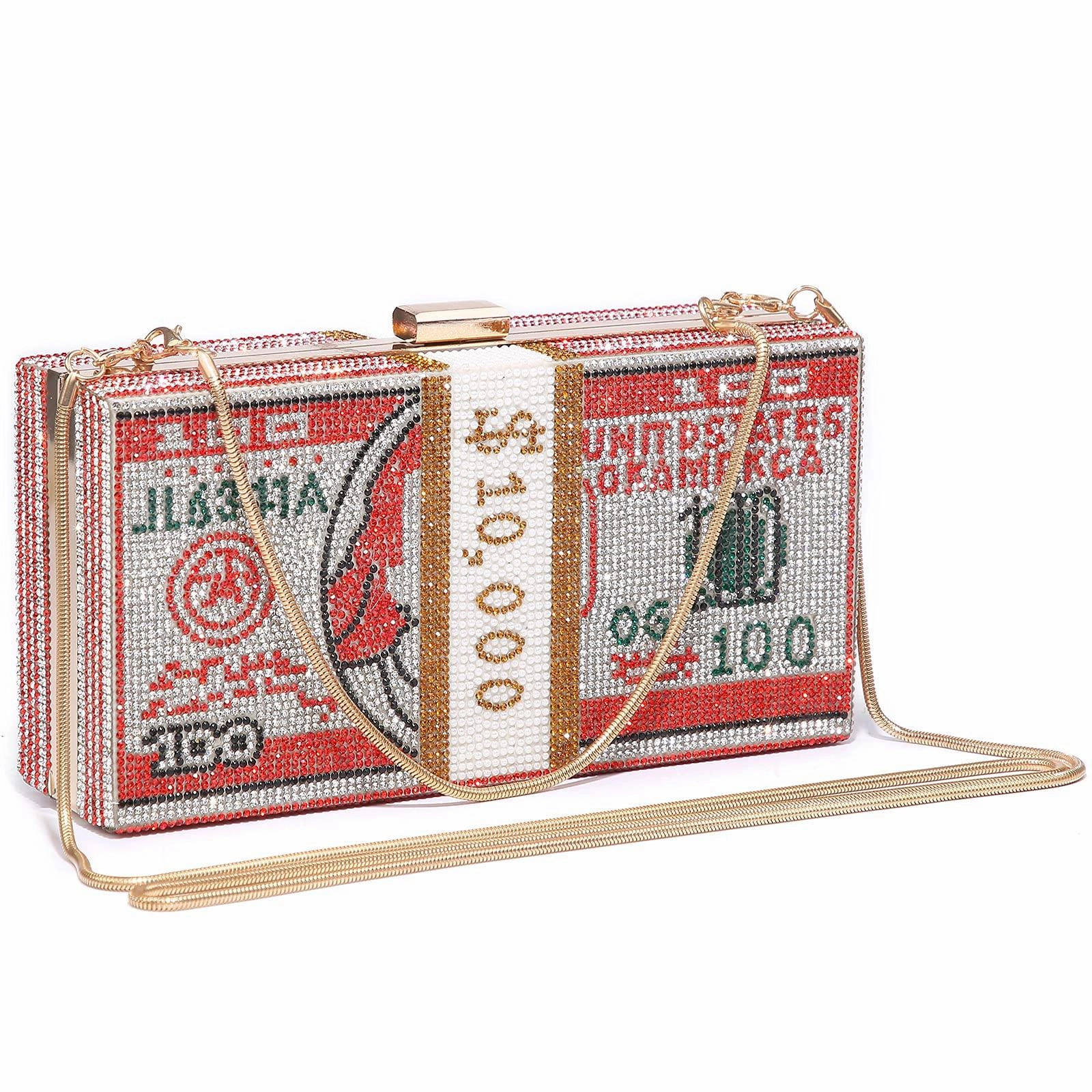 Stack of Cash Dollars Clutch Party Purse Crystal Evening Bag Cocktail for Women Stylish Fashion Chic Accent