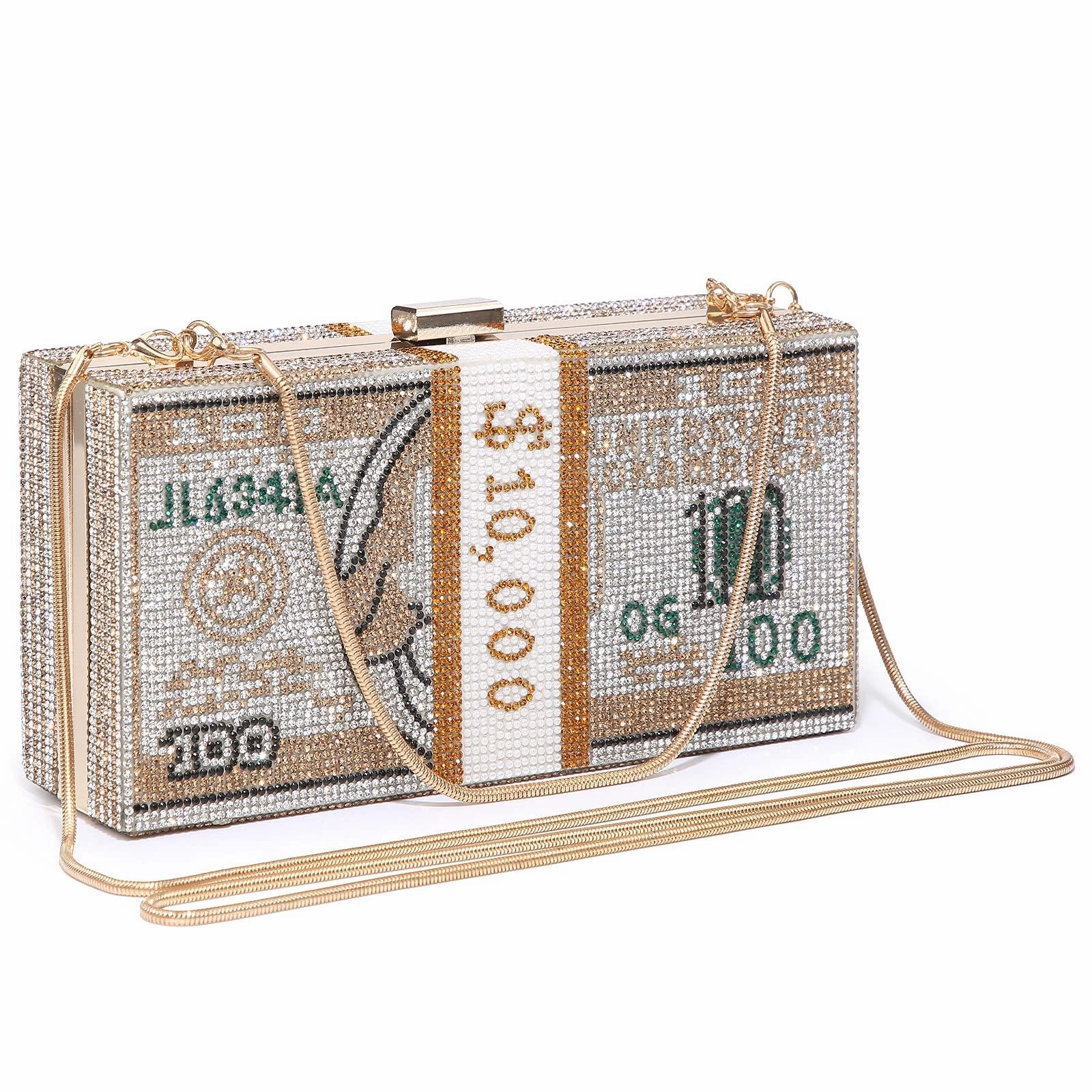 Elegant Vibe Color Pop Stack of Cash Dollars Clutch Party Purse Crystal Evening Bag Cocktail for Women