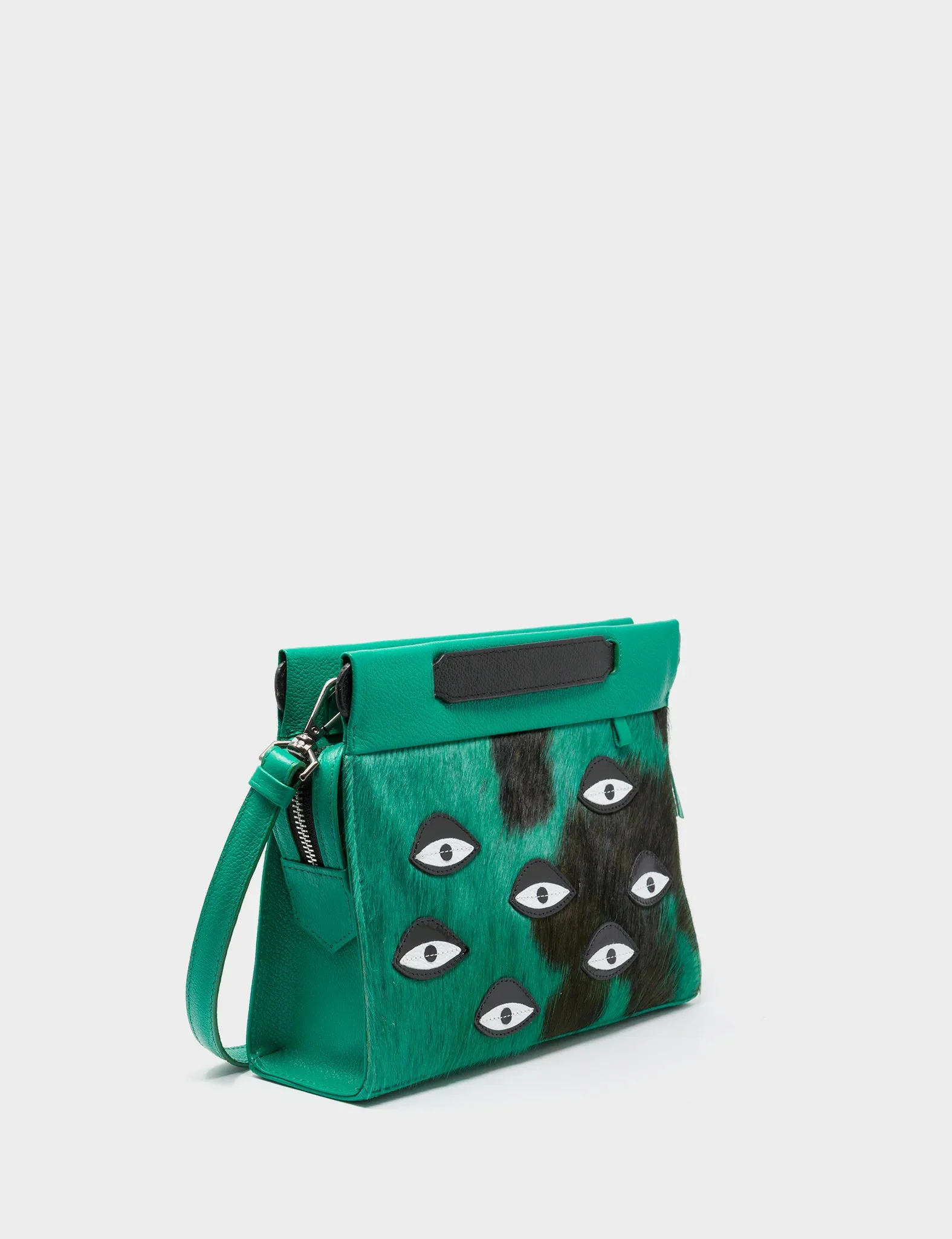 Lightweight Fashion Piece Classic Everyday Look Vali Crossbody Small Deep Green Leather Bag - Eyes Applique Adjustable Handle