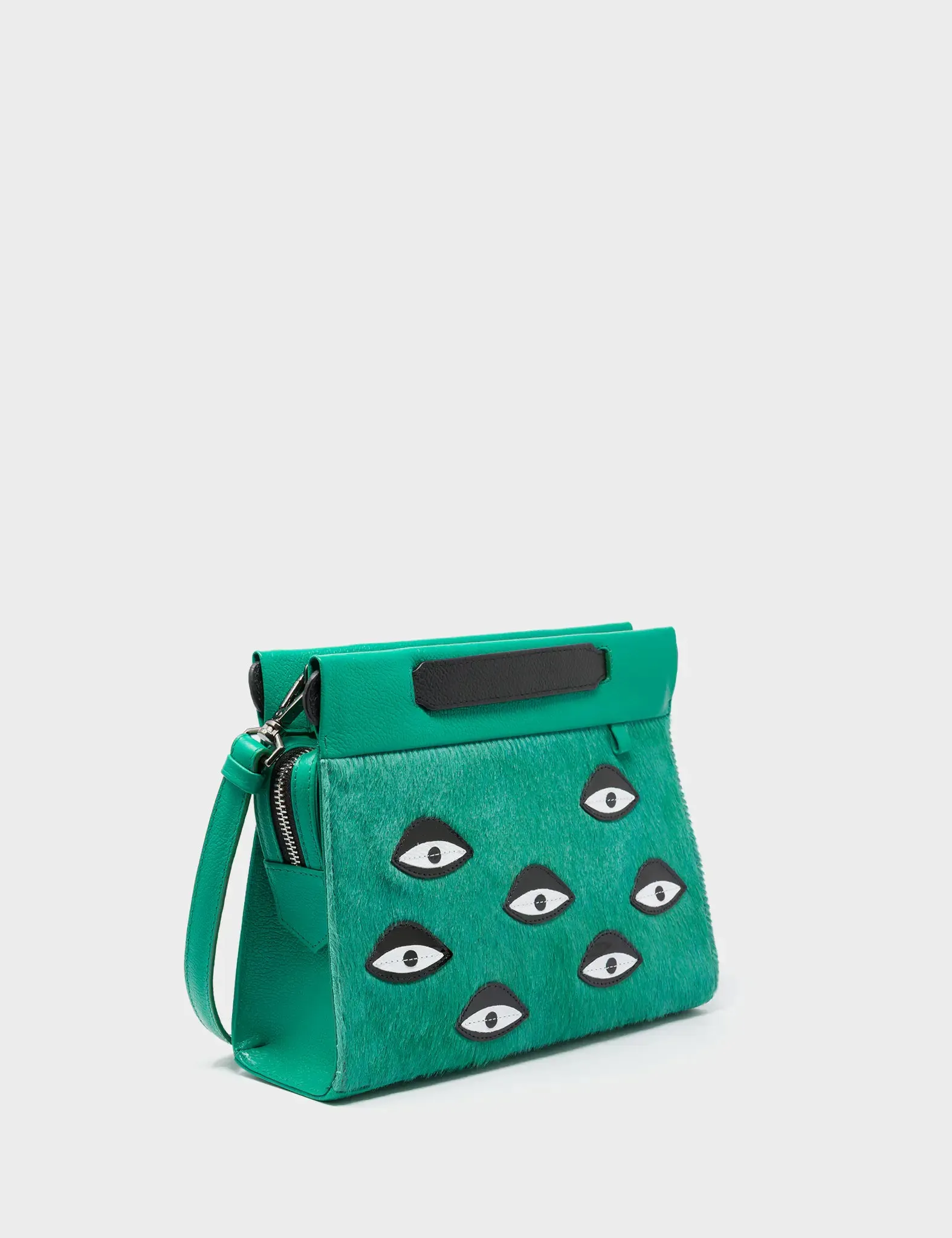 Vali Crossbody Small Deep Green Leather Bag - Eyes Applique Adjustable Handle Soft Texture