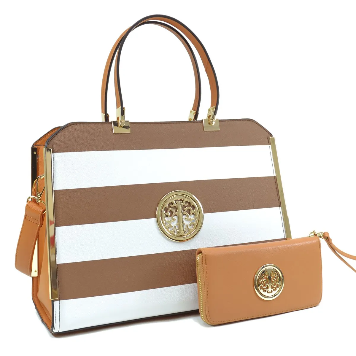 Striped Emblem Handbag with Matching Wallet Smart Storage