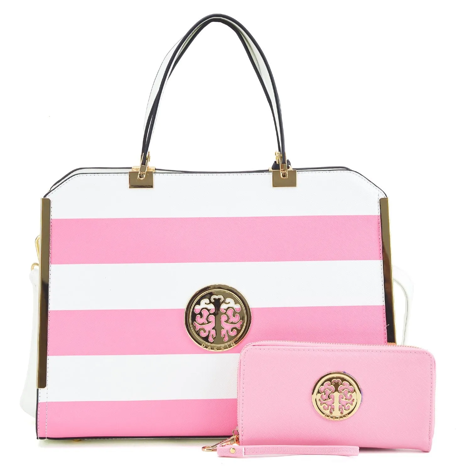 Modern feature Striped Emblem Handbag with Matching Wallet