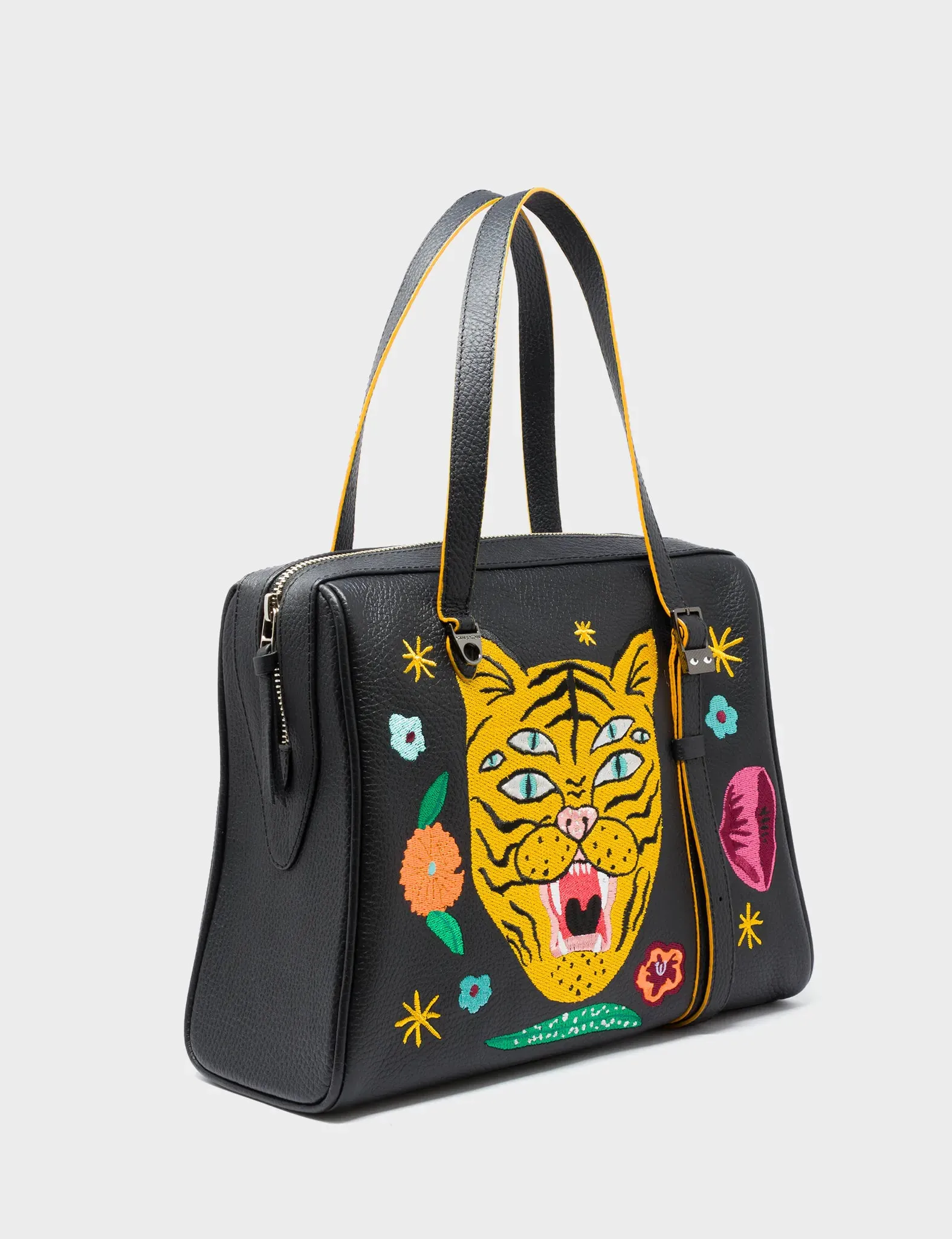 An ideal bag for staying organized and hands-free Esther Black Satchel Bag - Tiger and Flowers Embroidery