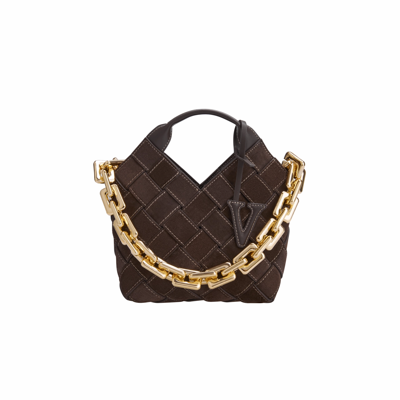 Great for anyone who prefers hands-free convenience Espresso Suede Woven Basket Bag