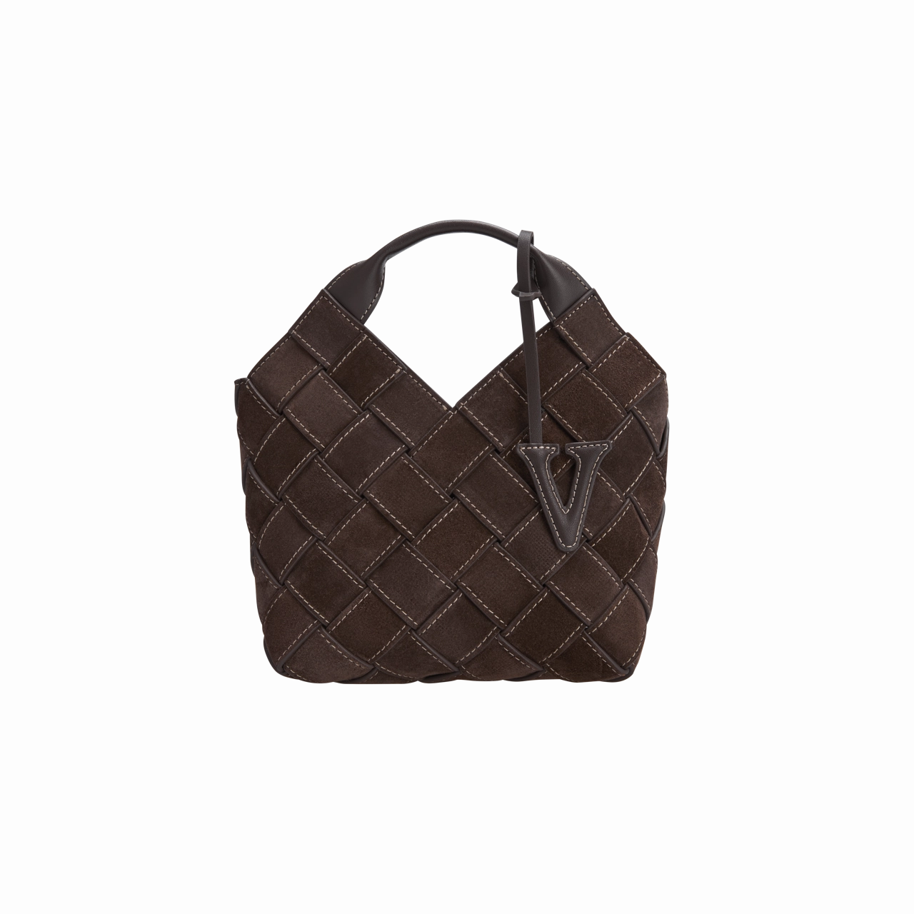 Espresso Suede Woven Basket Bag Versatile Modern Outfit