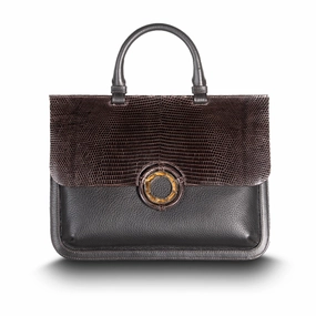 Sydney Convertible Satchel - Dark Brown Lizard & Leather, Tiger Eye Grommet Compact Journey