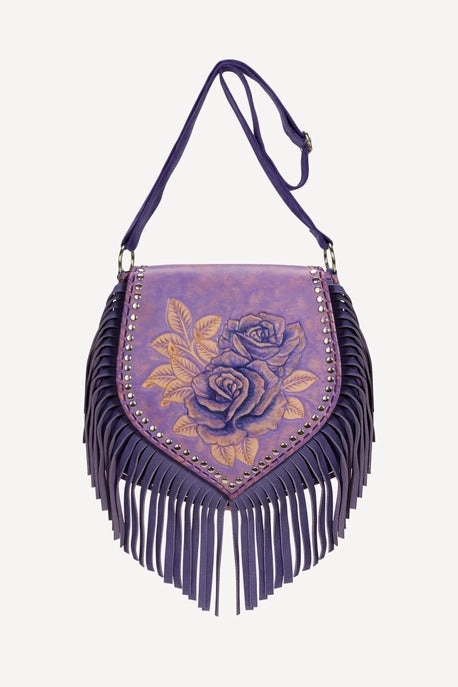 Akaora Rose Hand Painted Leather Shoulder Bag-Fringed Leather Bag Holiday Getaway