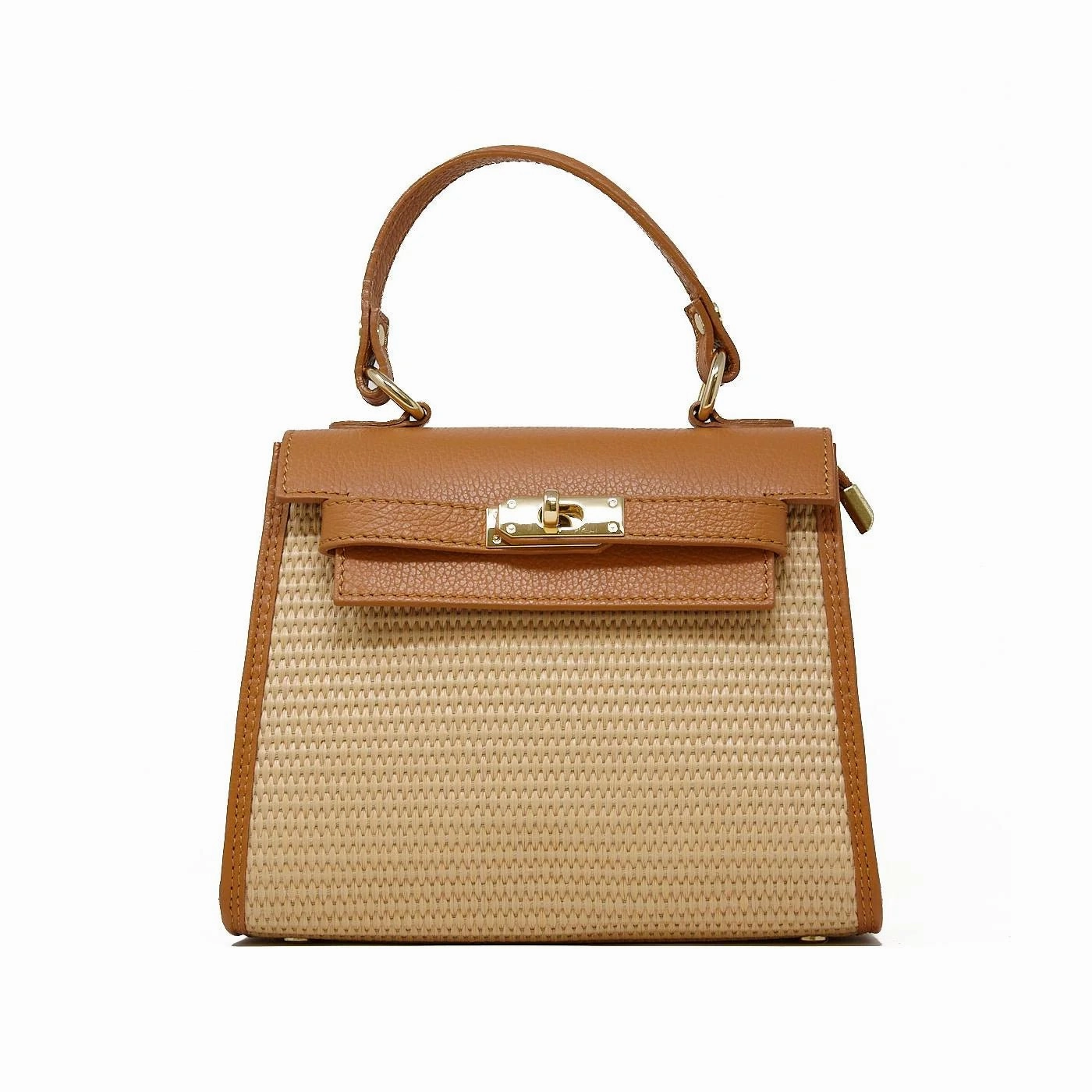 TRAPEZOID RAFFIA LEATHER BAG WITH SINGLE TOP HANDLE Travel convenience simple design