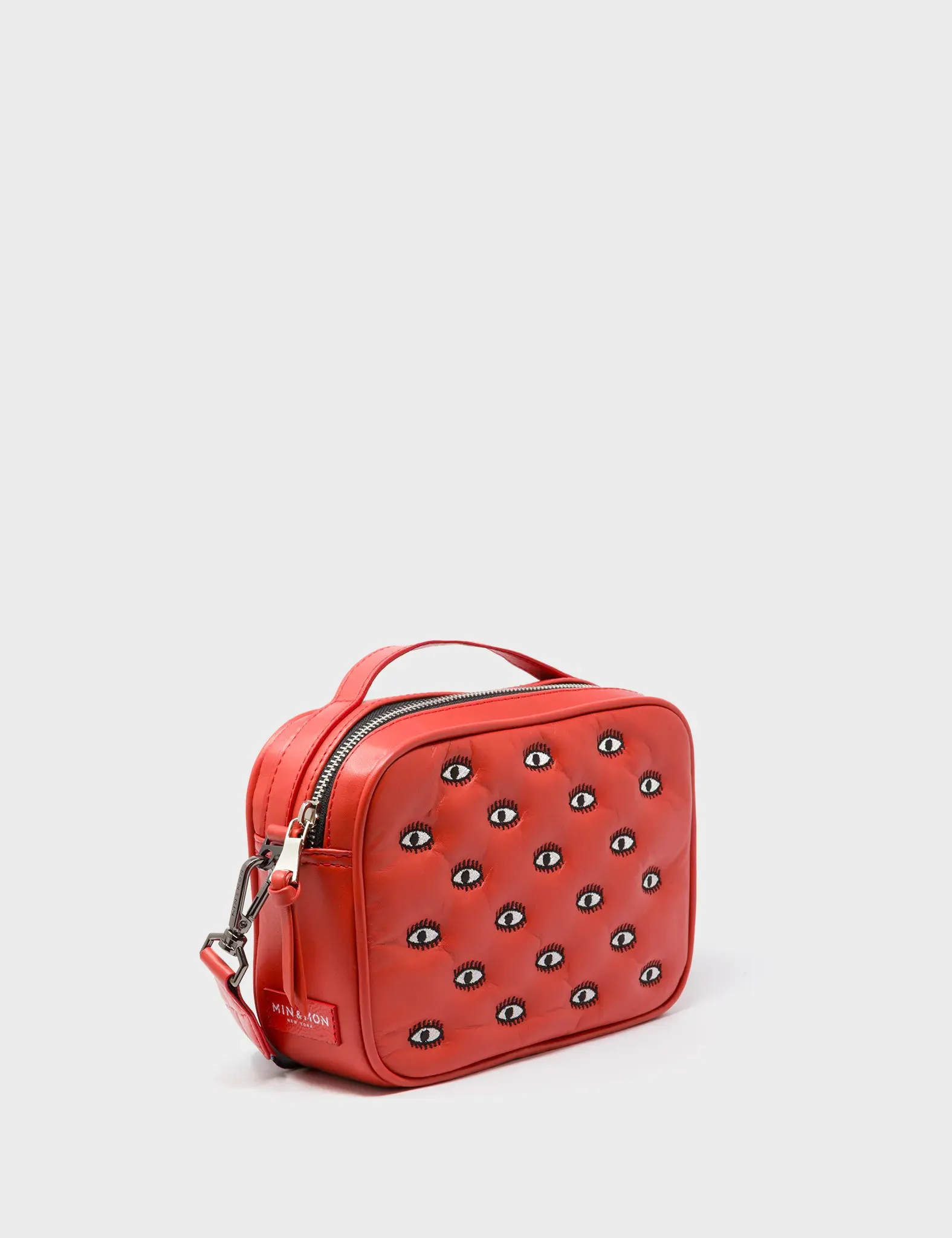 Minimalist Streetwear Style Trendy City Look Verto Poppy Red Leather Crossbody Bag - All Over Eyes Padded Embroidery