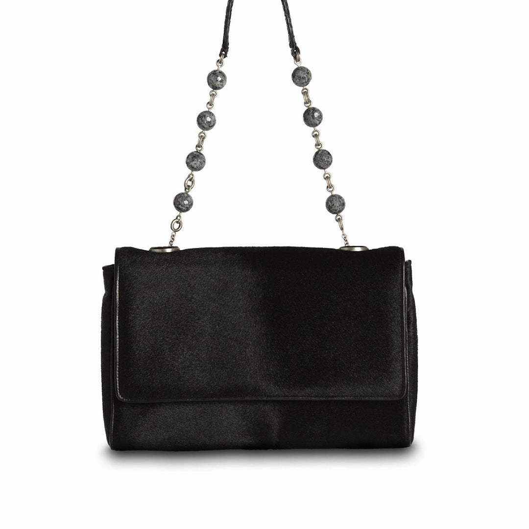 Modern Comfort Chain & Jewel Shoulder Bag - Black Haircalf, Agate