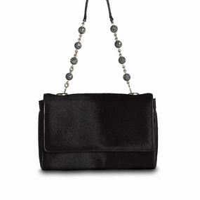 Modern Comfort Chain & Jewel Shoulder Bag - Black Haircalf, Agate