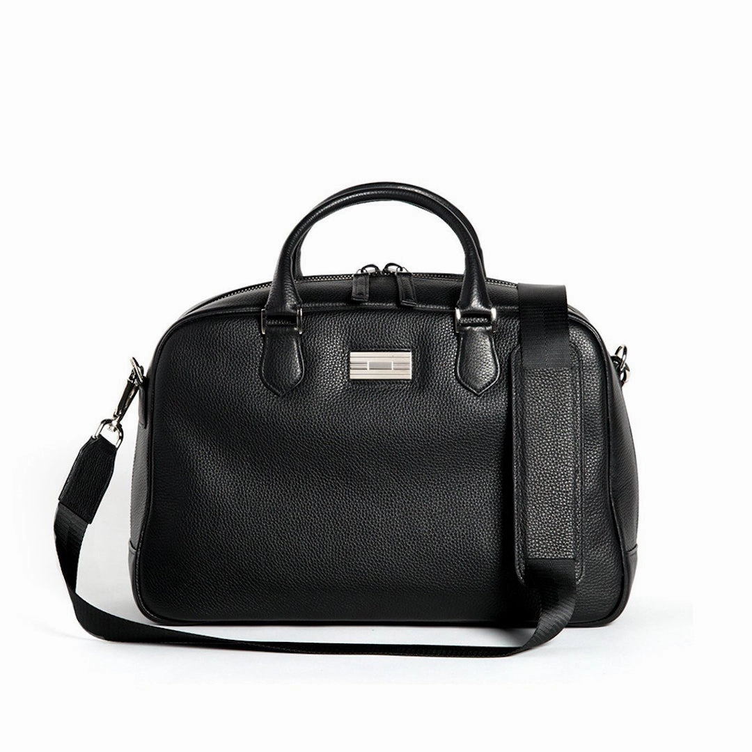 Newport Travel Satchel Bag - Black Leather Weekender Travel Organizer